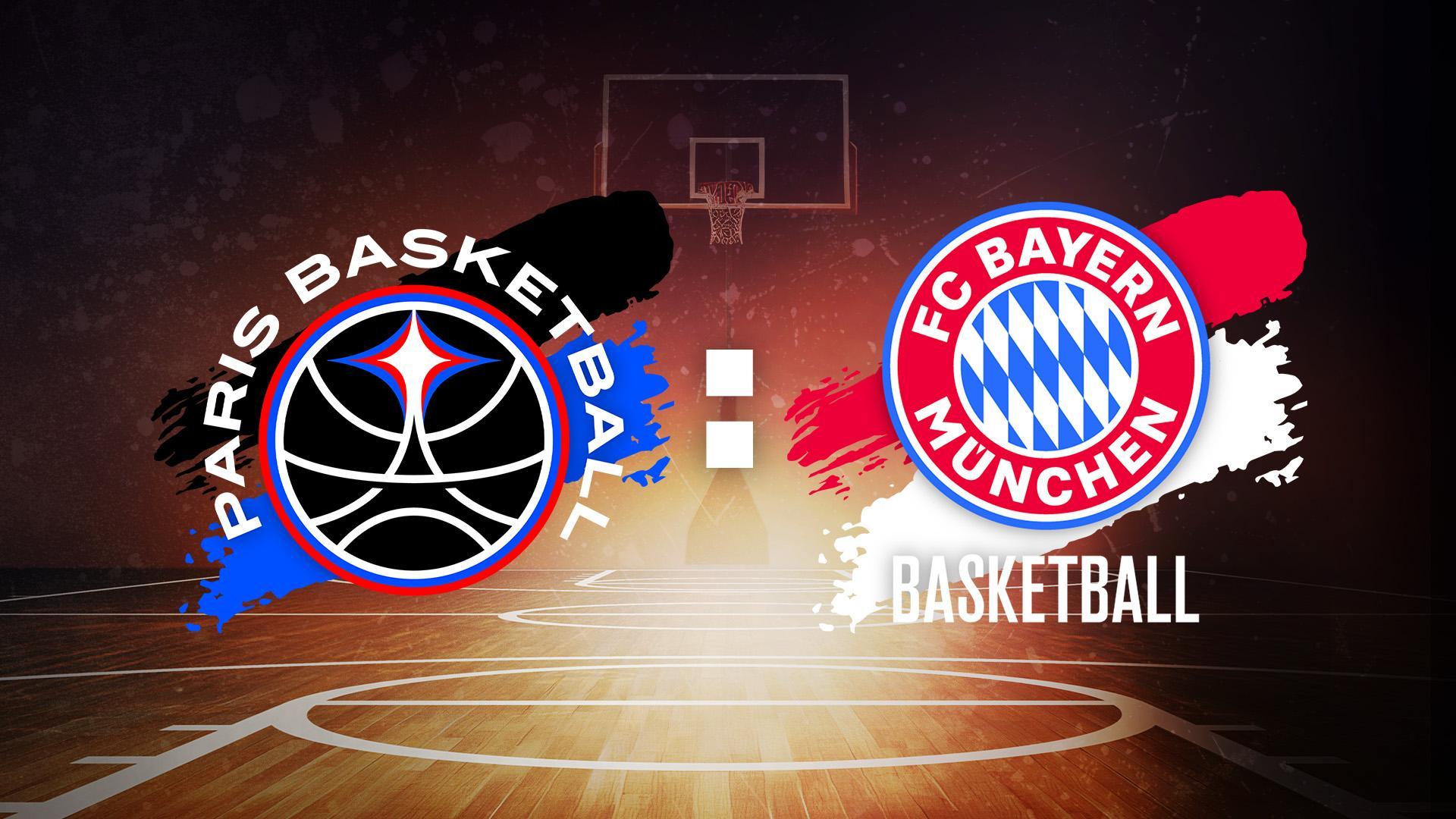 Werbegrafik EuroLeague mit Logos von Paris Basketball und FC Bayern Basketball vor Basketball-Hintergrund